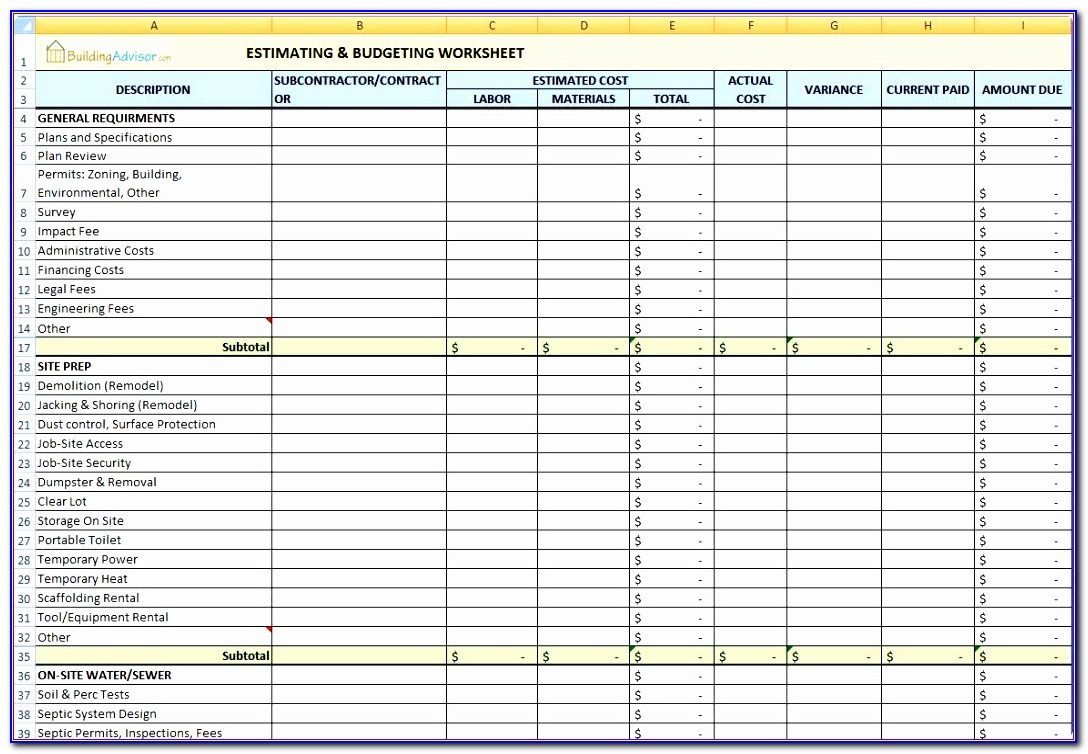 Construction Costs Excel Template
