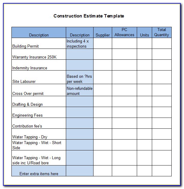 Construction Estimate Format Excel