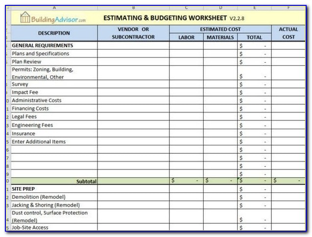 Construction Estimating Forms Template