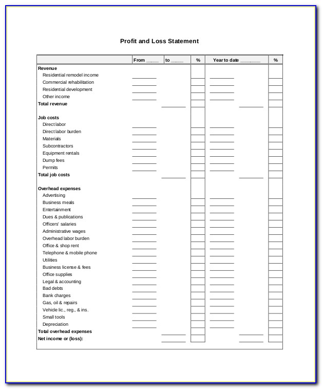 Construction Profit And Loss Statement Template