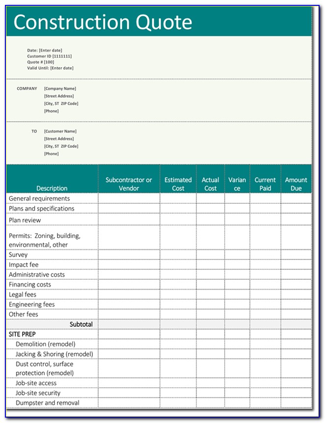 Construction Quotation Template Software