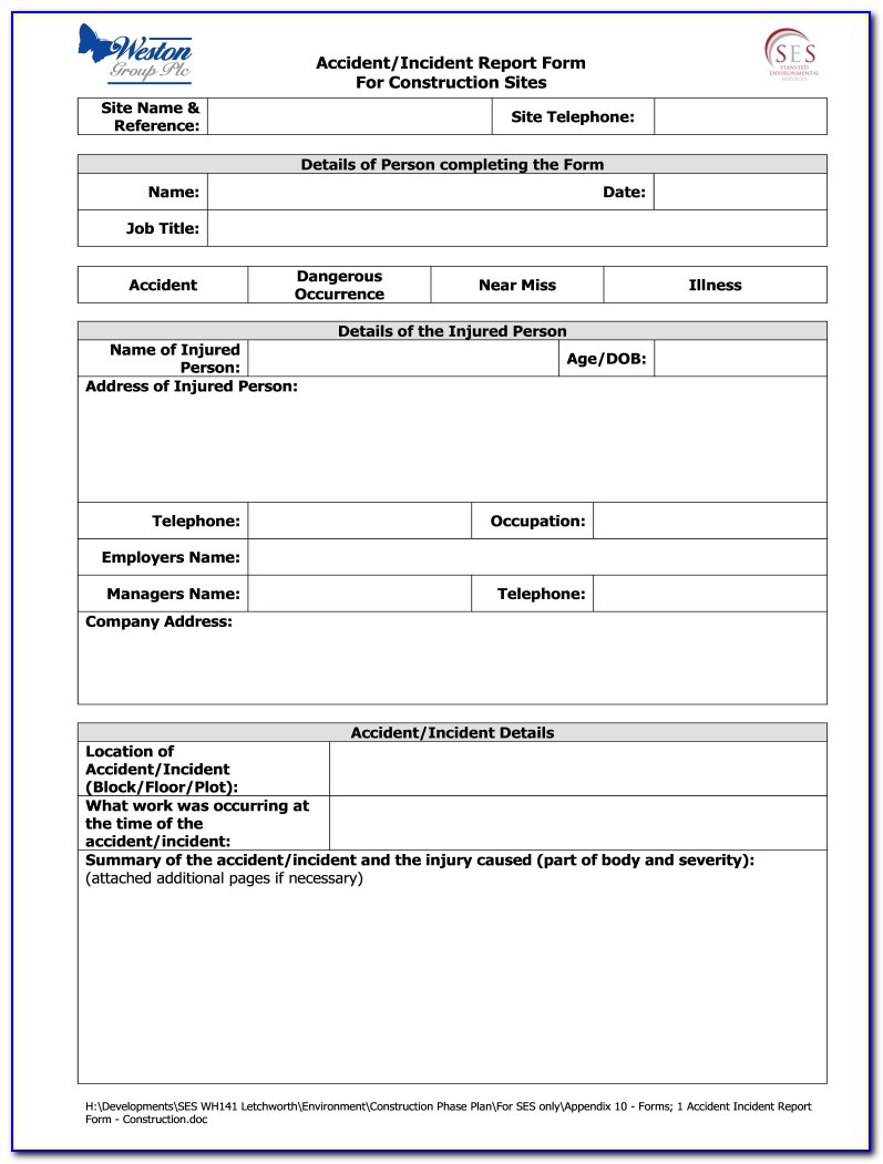 Construction Site Accident Report Form Template