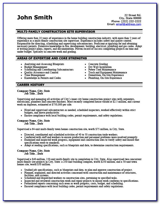 Construction Supervisor Resume Format