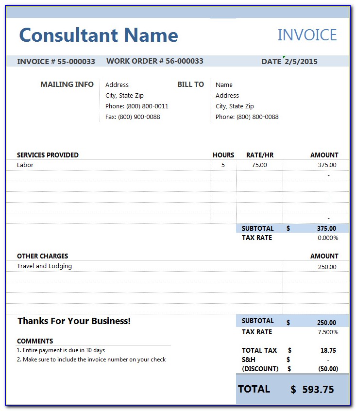 Consultant Billing Invoice Template Excel
