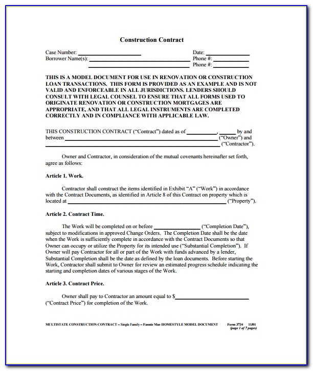 Contract Agreement Sample For Construction