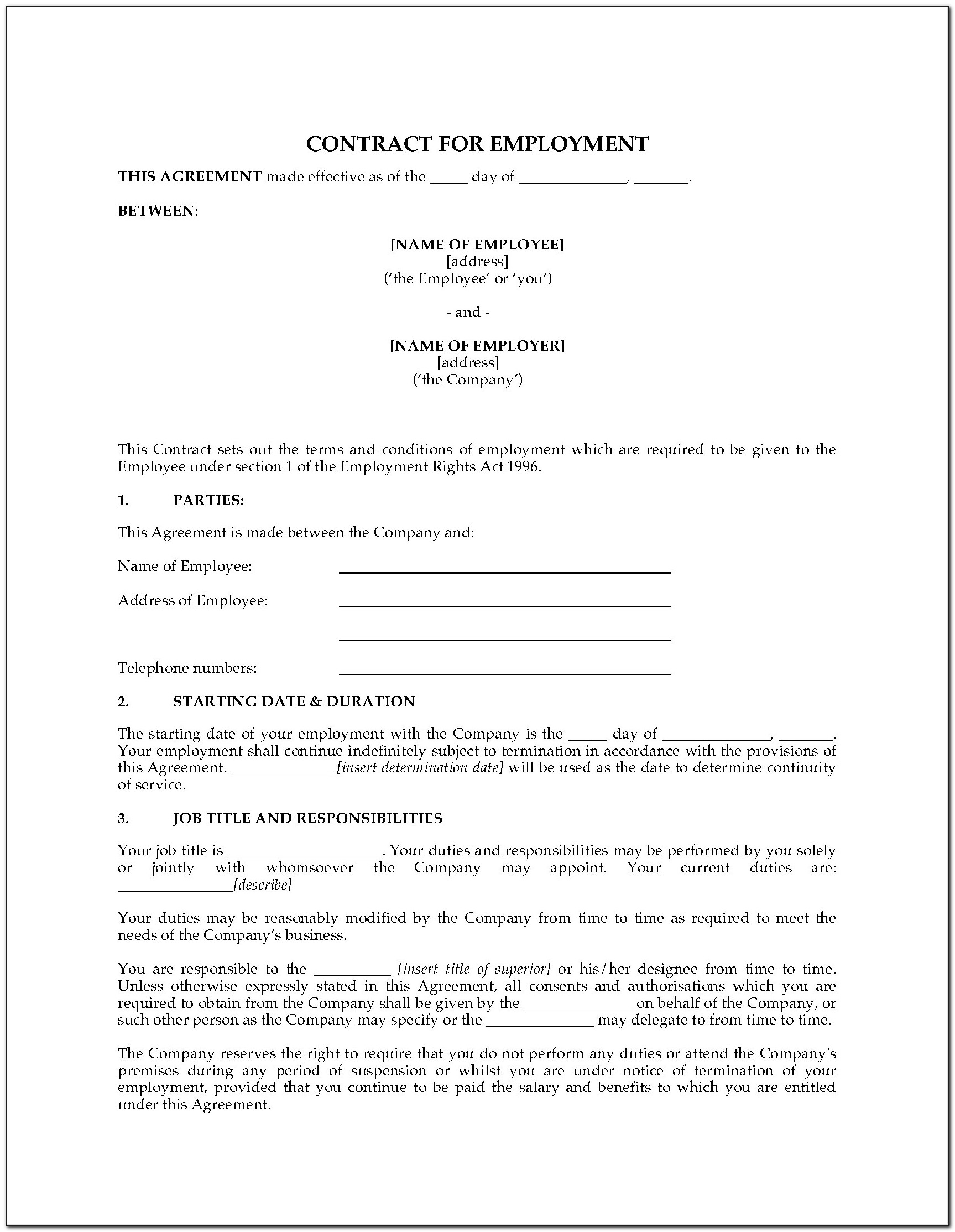 Contract Employment Agreement Letter Sample