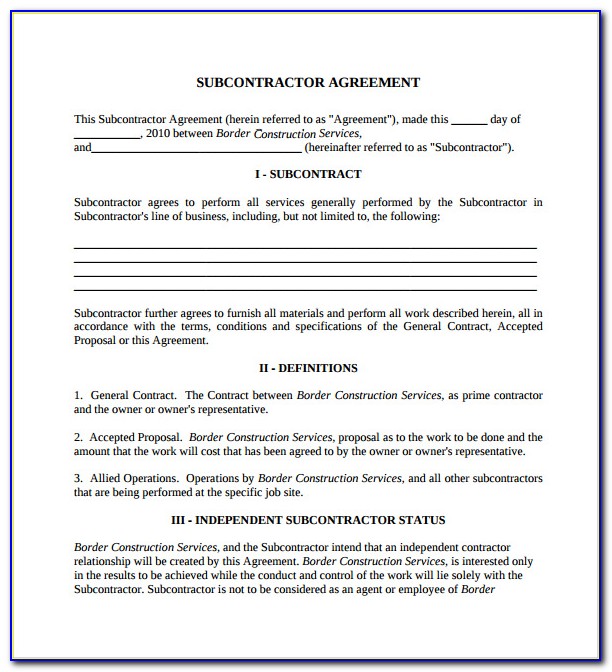 Contract For Subcontractor Template
