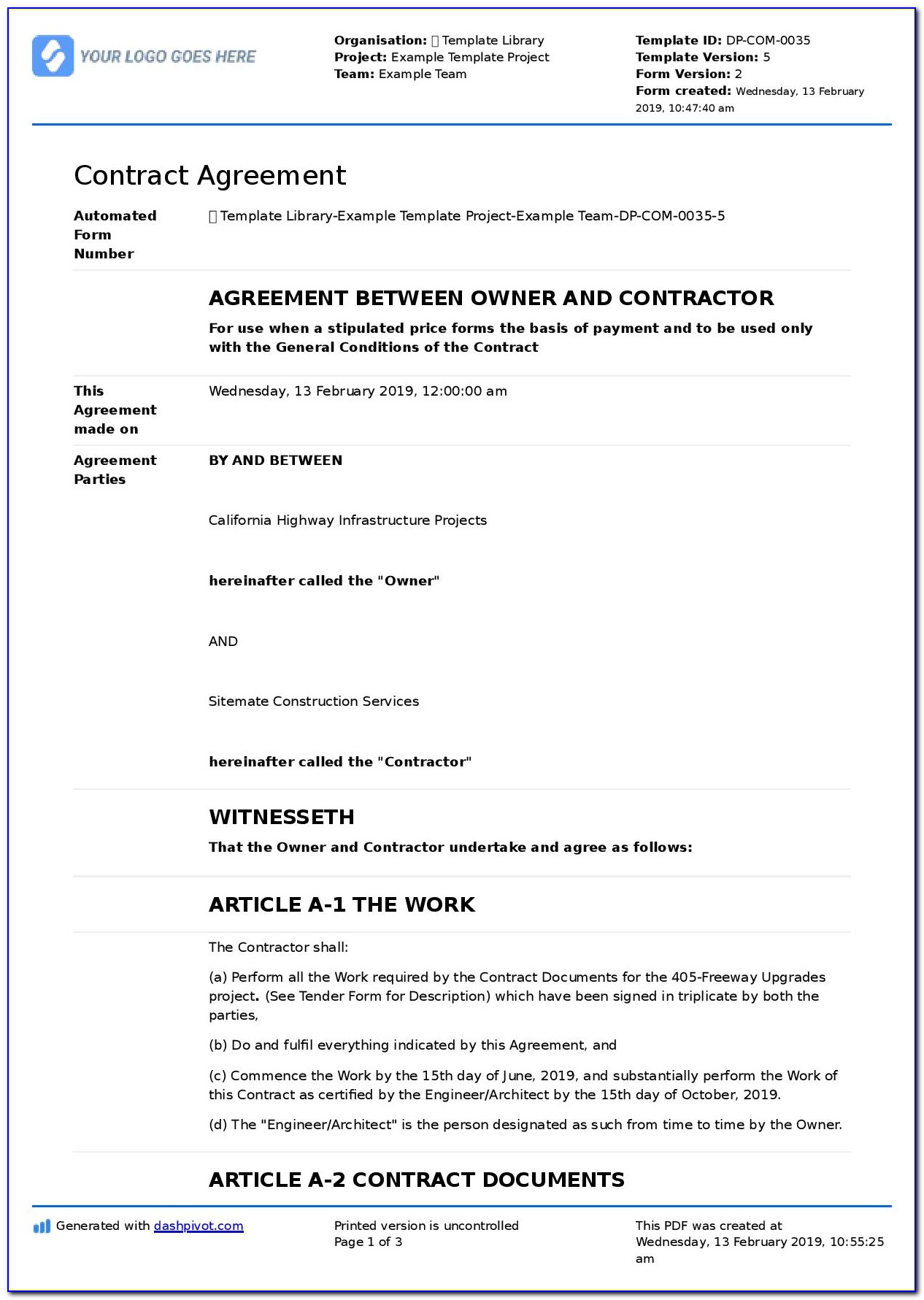 Contract Work Agreement Form