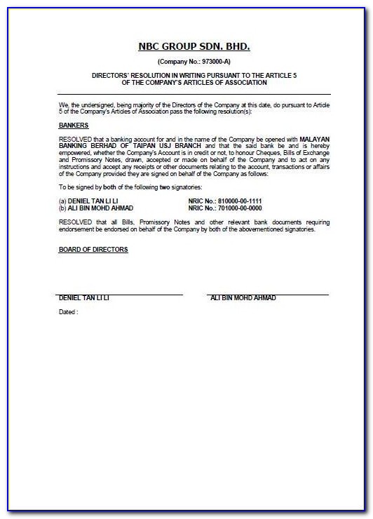 Corporate Board Of Directors Resolution Form