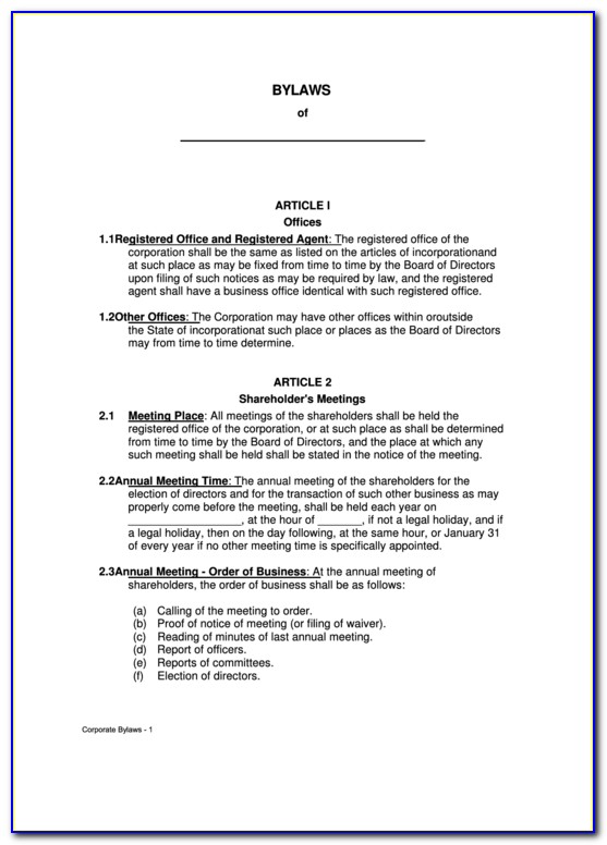Corporate Bylaws Template Single Owner