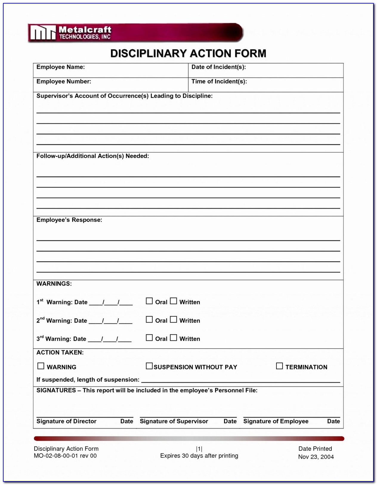 Corrective Action Form Template Pdf