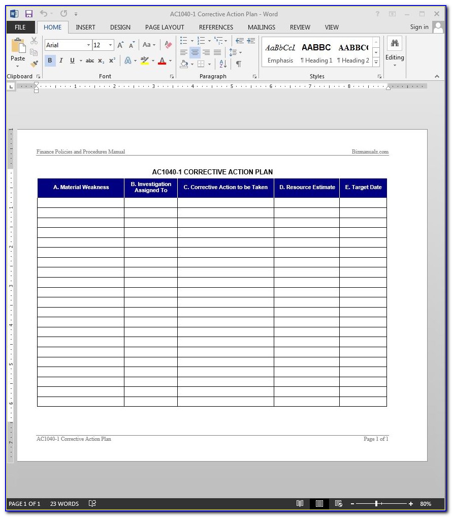 Corrective Action Report Template Word