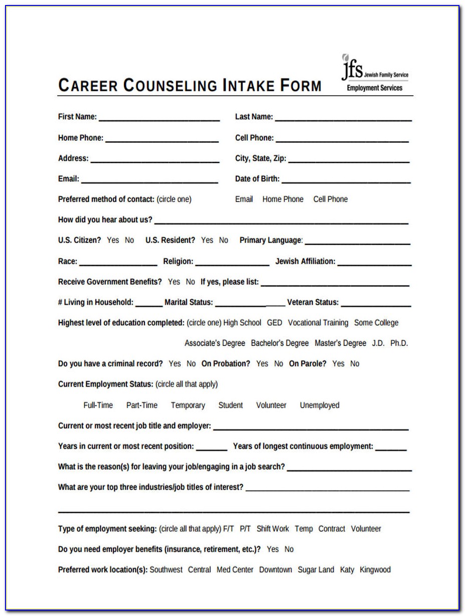 Counselling Intake Form Template Australia