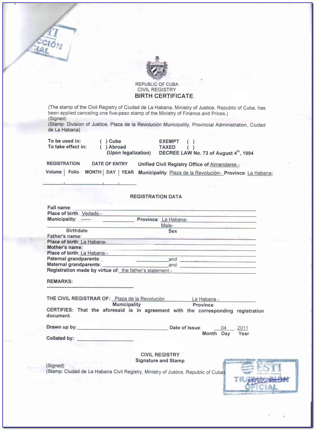 Cuban Marriage Certificate Translation Template