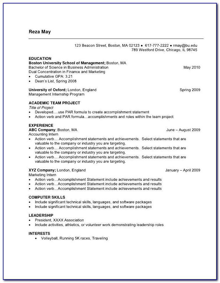 Curriculum Vitae Examples For College Students