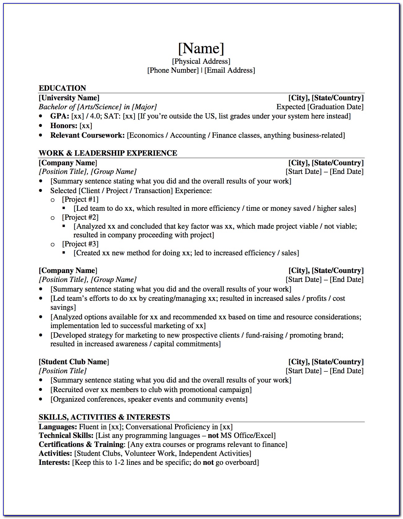 Curriculum Vitae Examples For Students Pdf