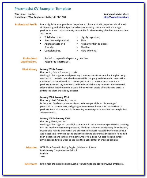 Curriculum Vitae Format For Pharmacist