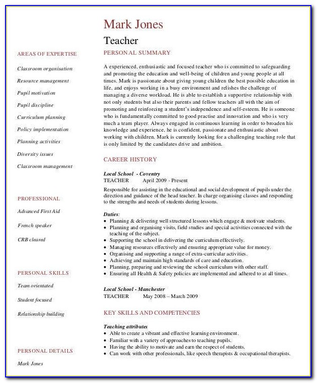 Curriculum Vitae Template Teacher