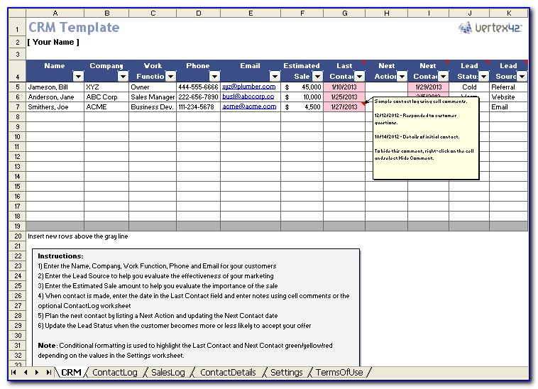 Customer Management List Excel Template