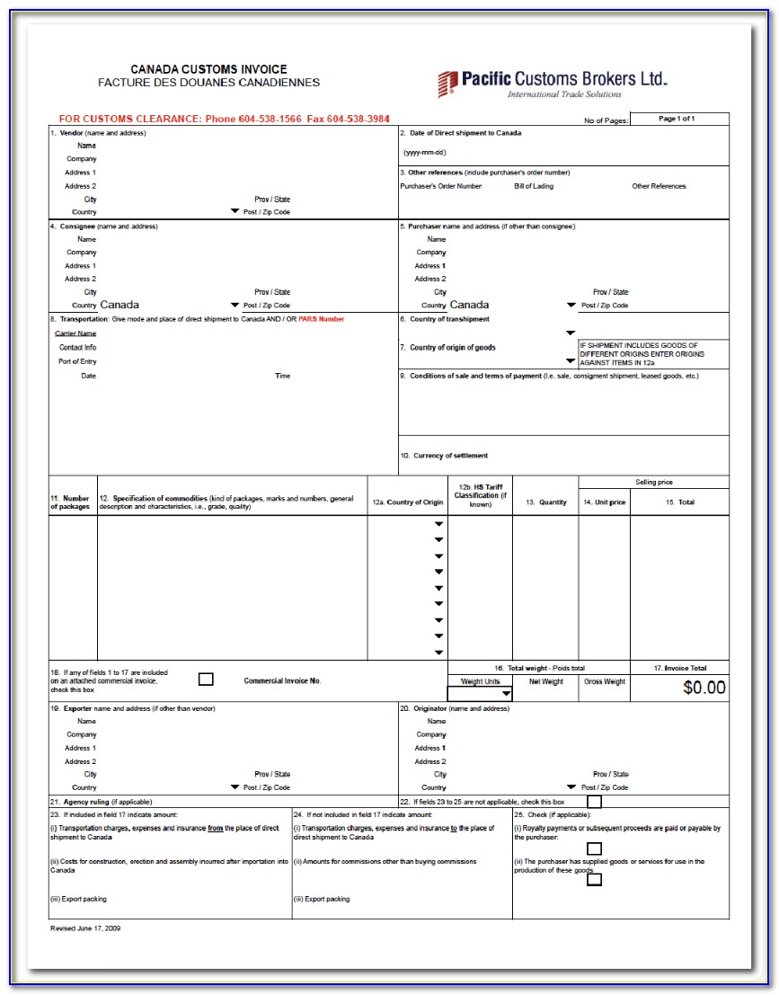 Customs Declaration Form Commercial Invoice