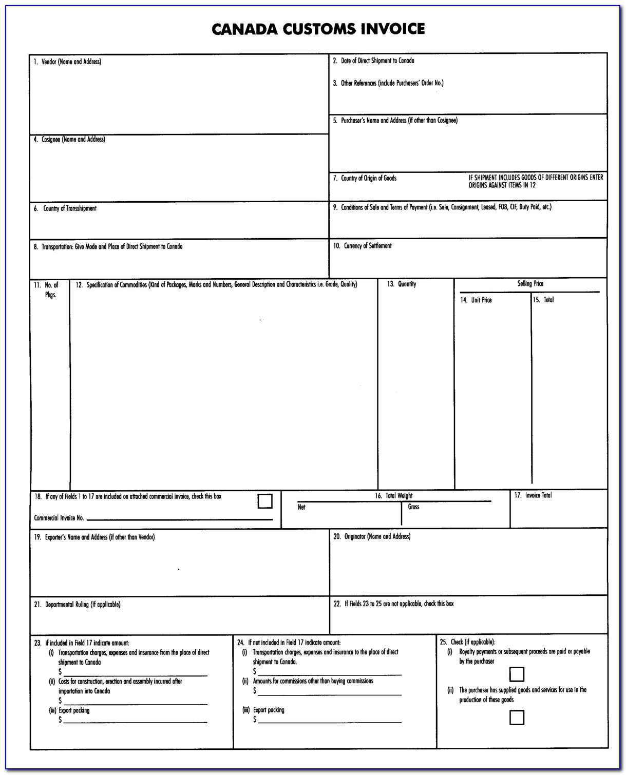 Customs Invoice Template Us To Canada