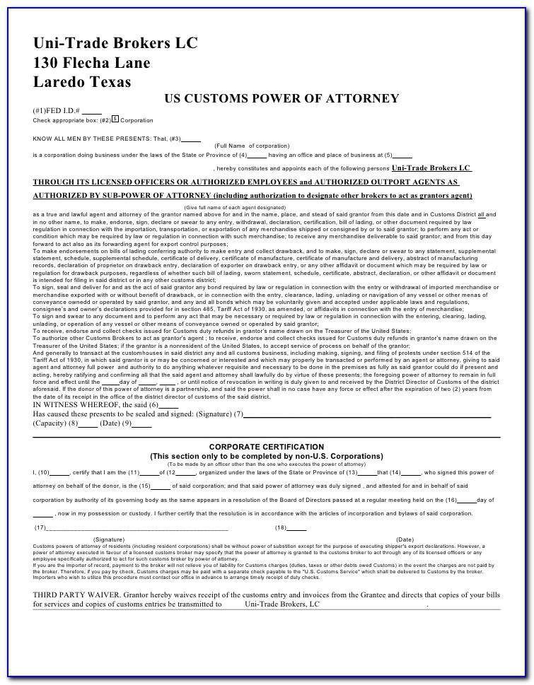 Customs Power Of Attorney Form Fillable