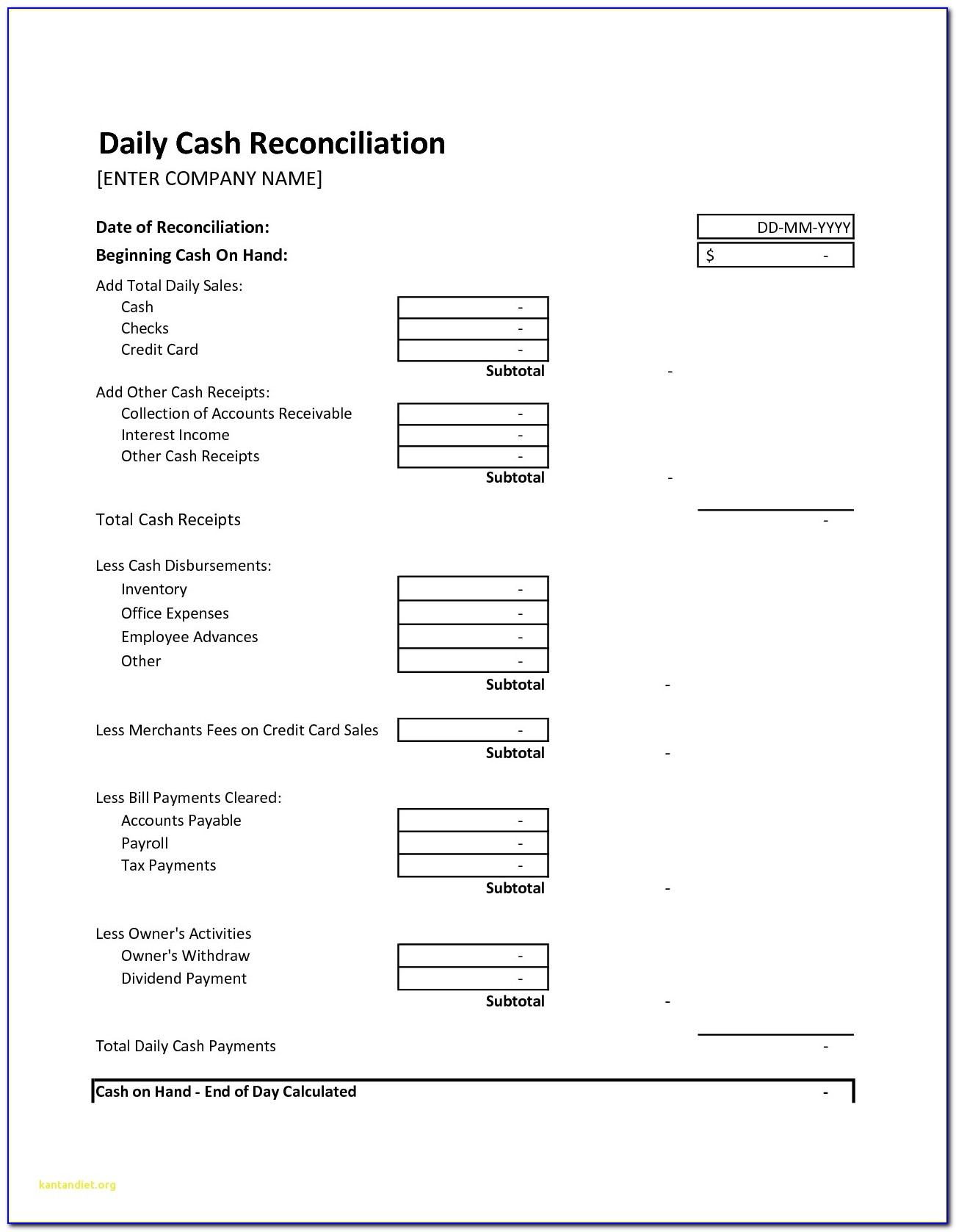 Daily Cash Box Reconciliation Form