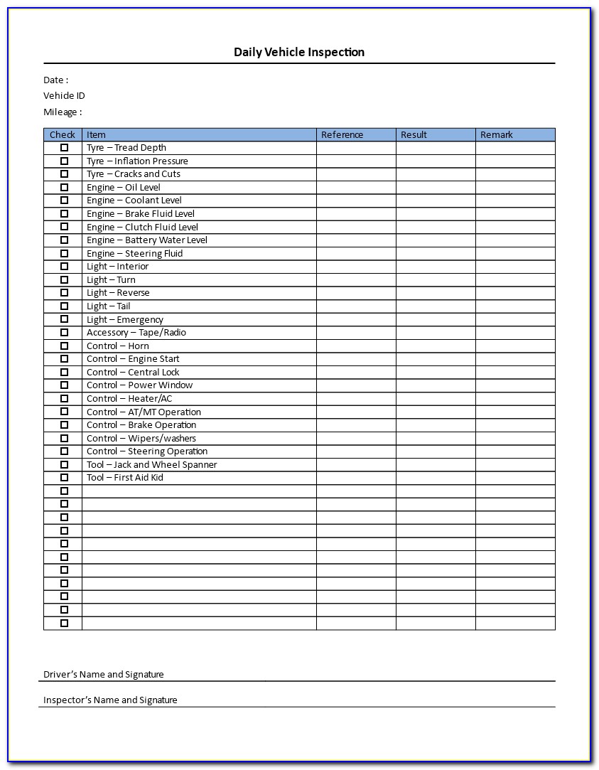 Daily Vehicle Inspection Checklist Form