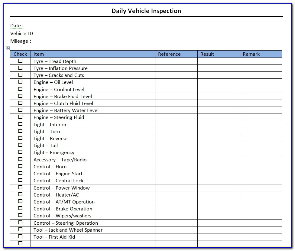 Daily Vehicle Inspection Checklist Template