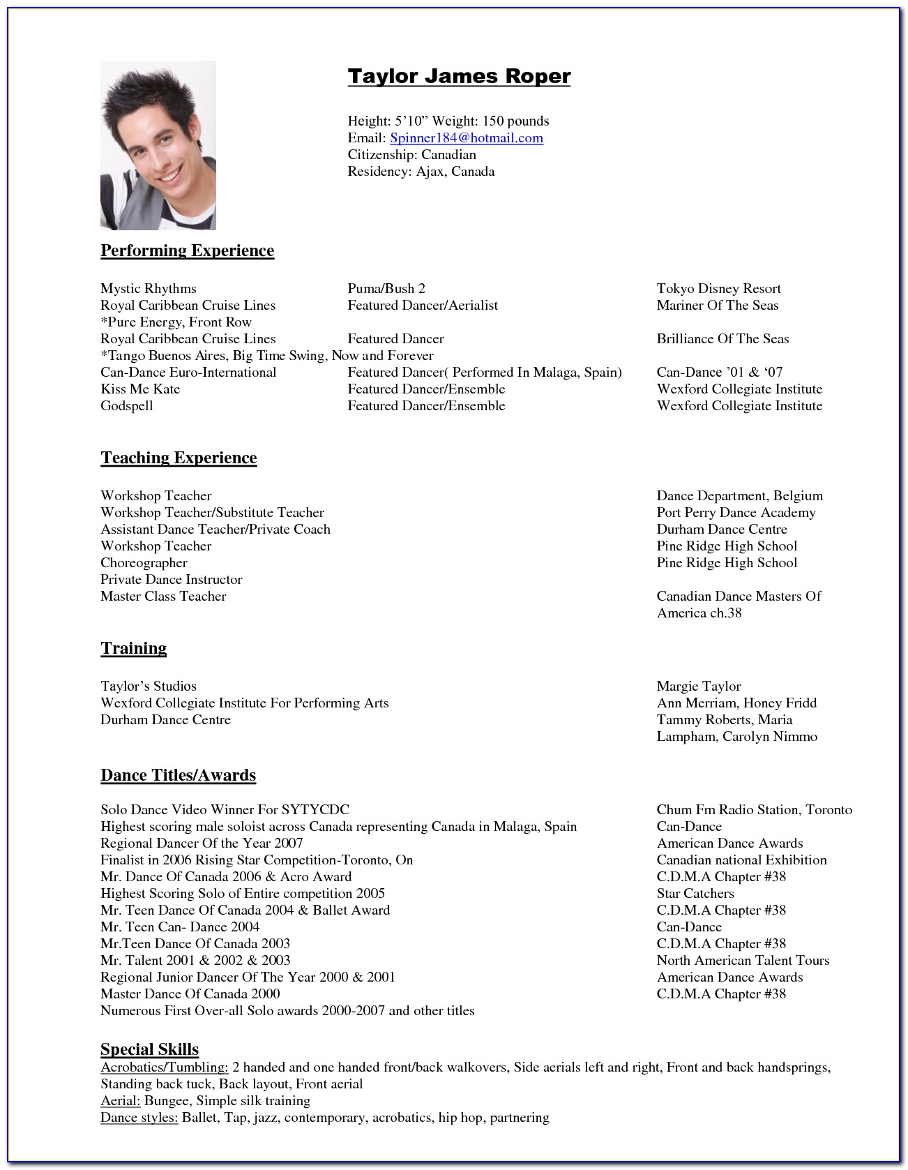 Dance Resume Template For College