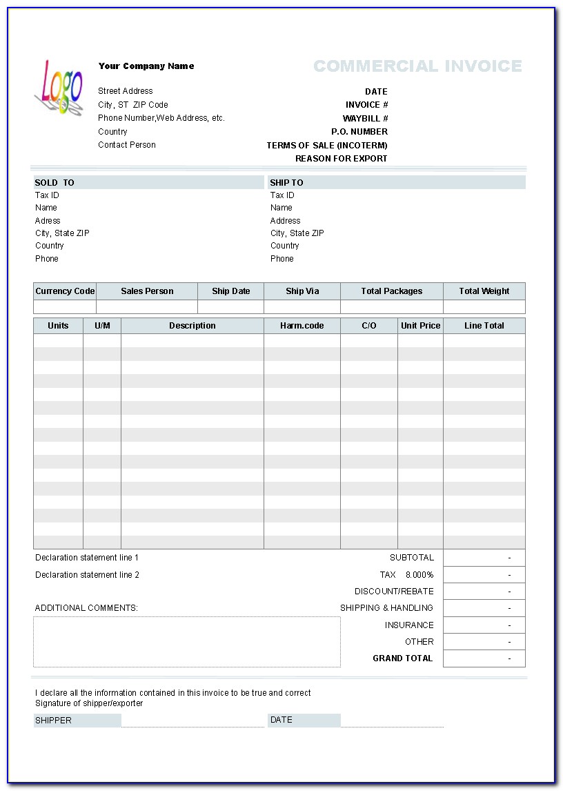 Dhl Commercial Invoice Printable Template