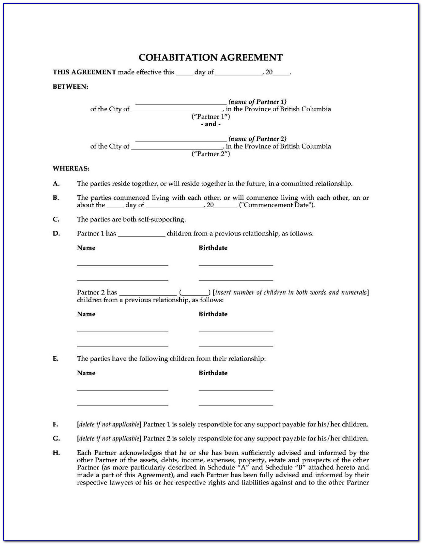 Free Canadian Cohabitation Agreement Form