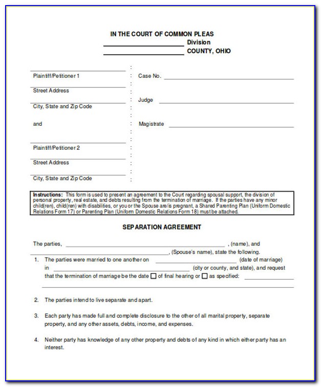 Free Common Law Separation Agreement Form Ontario