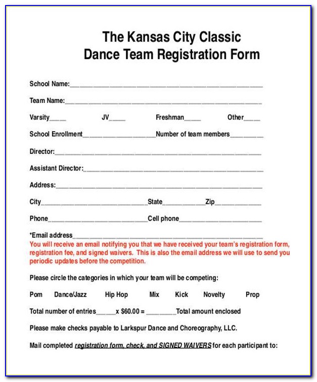 Free Dance Team Registration Form Templatefree Dance Team Registration