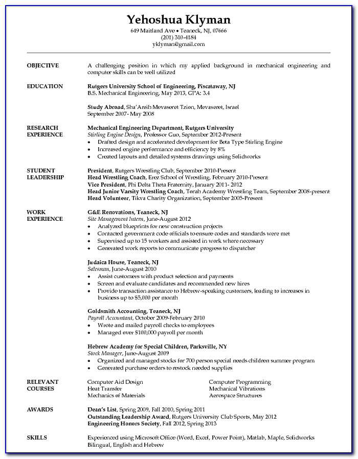 Resume Format For Engineering Students Download