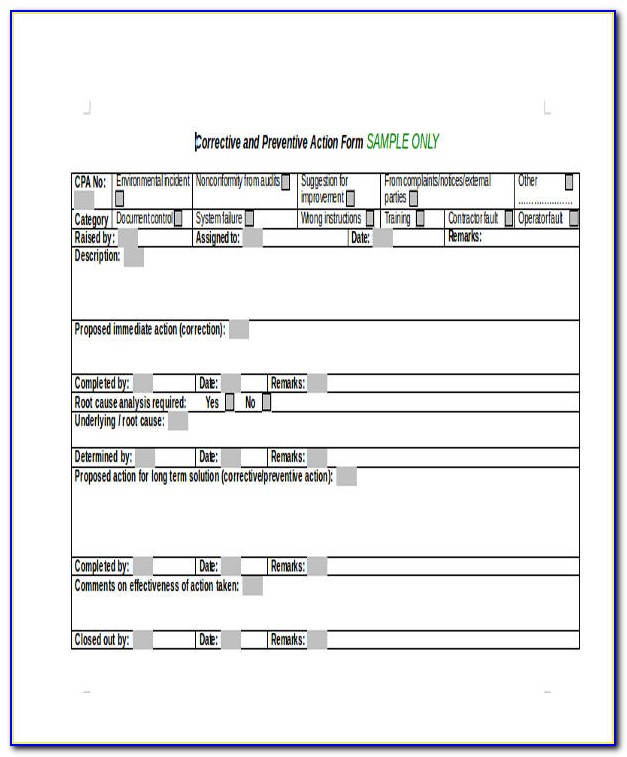 Sample Corrective Action Form Template