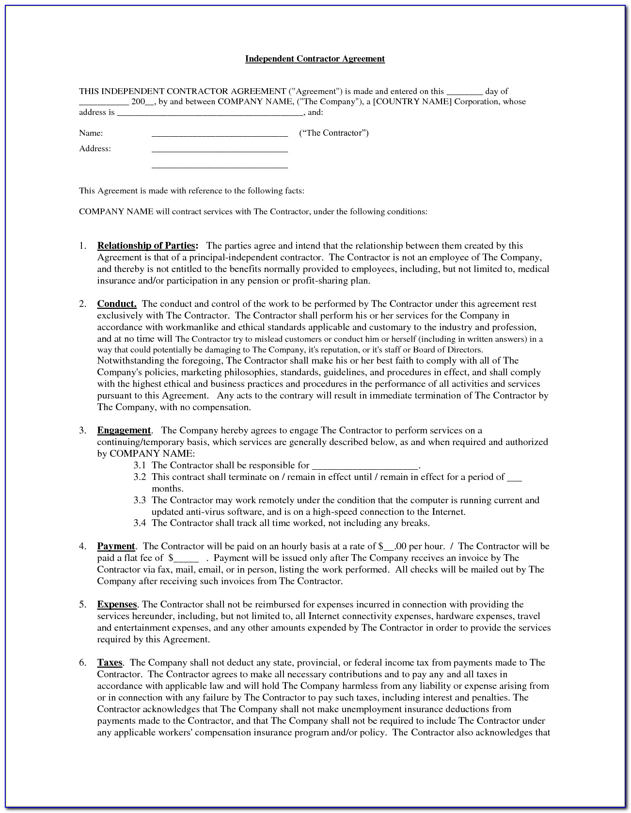 Self Employed Contractor Contract Template