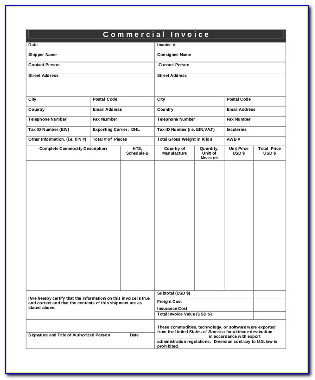 Us Customs Commercial Invoice Form