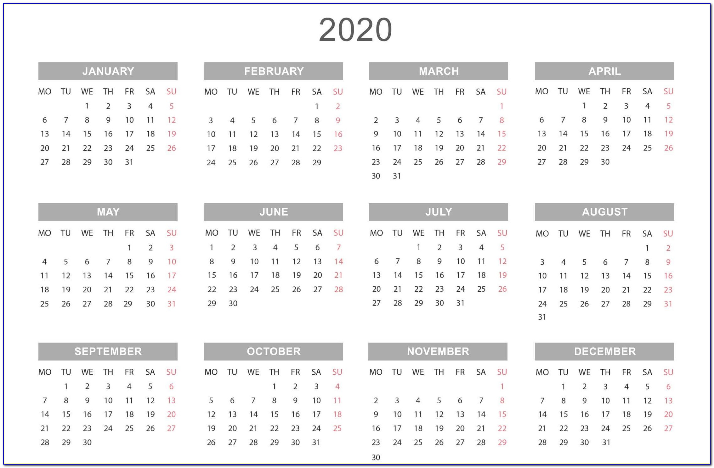 2019 Calendar At A Glance Printable