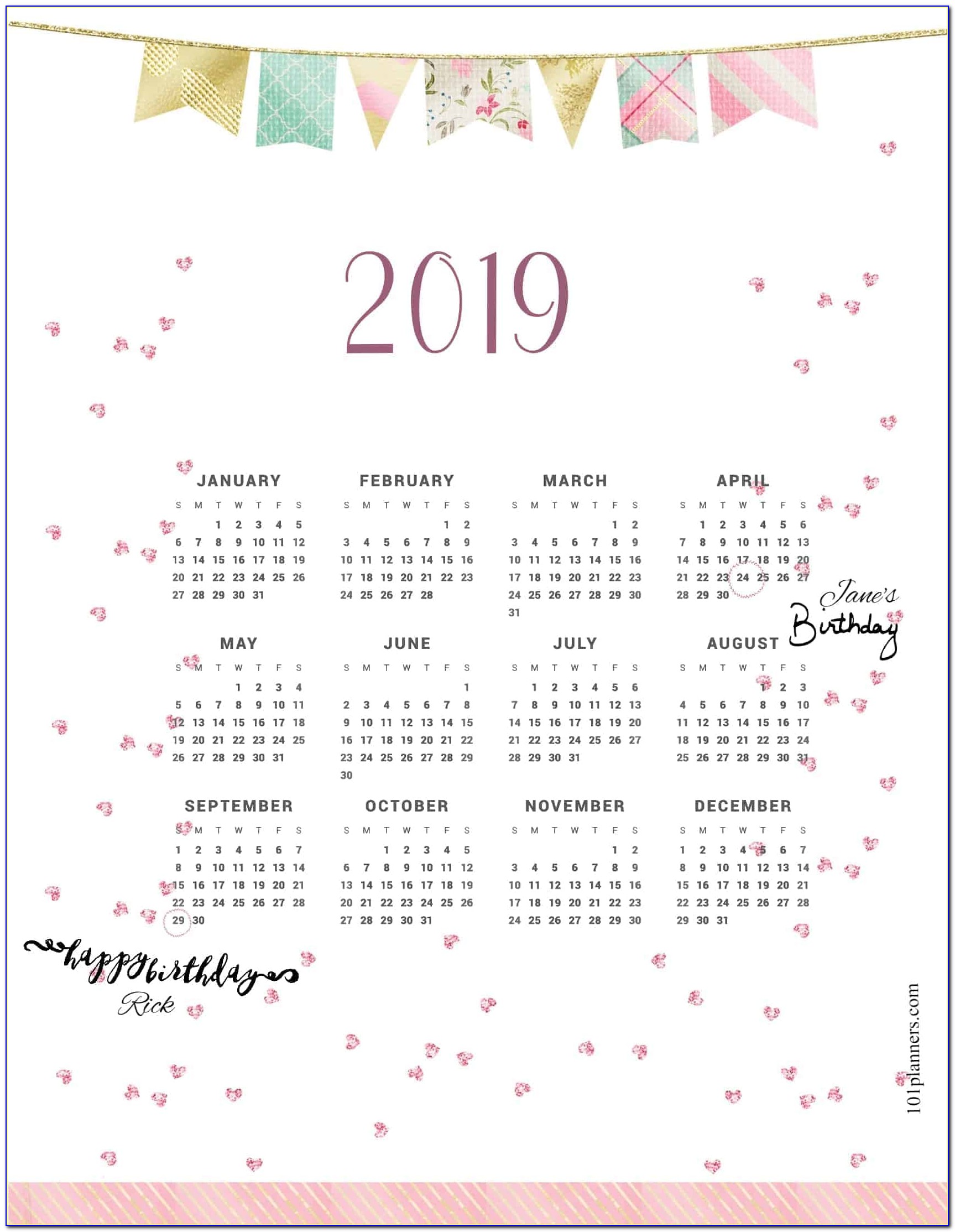2019 Calendar Year At A Glance Printable