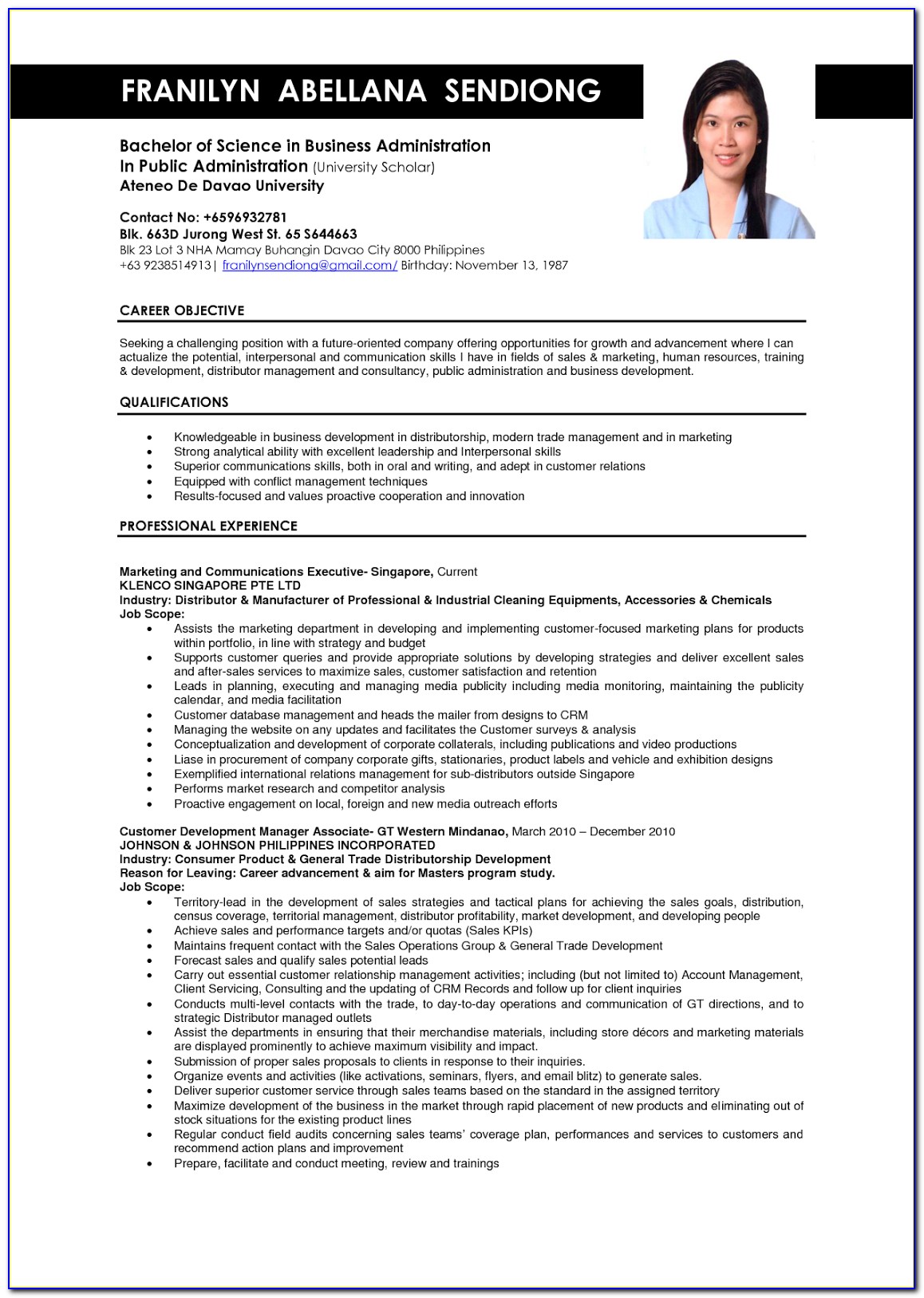 Business Administration Curriculum Vitae Sample