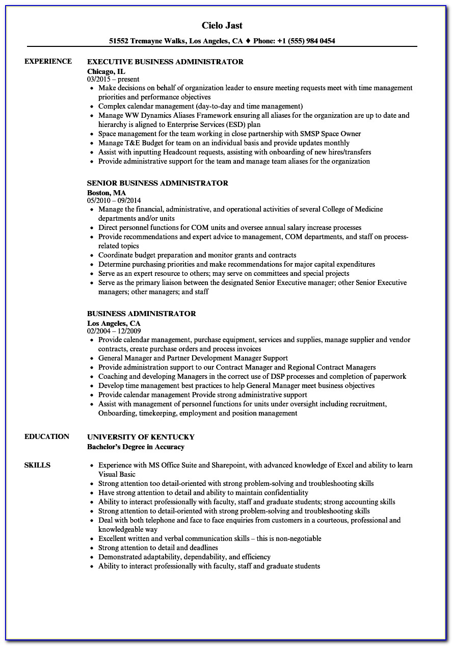 Business Administration Objective Resume Example