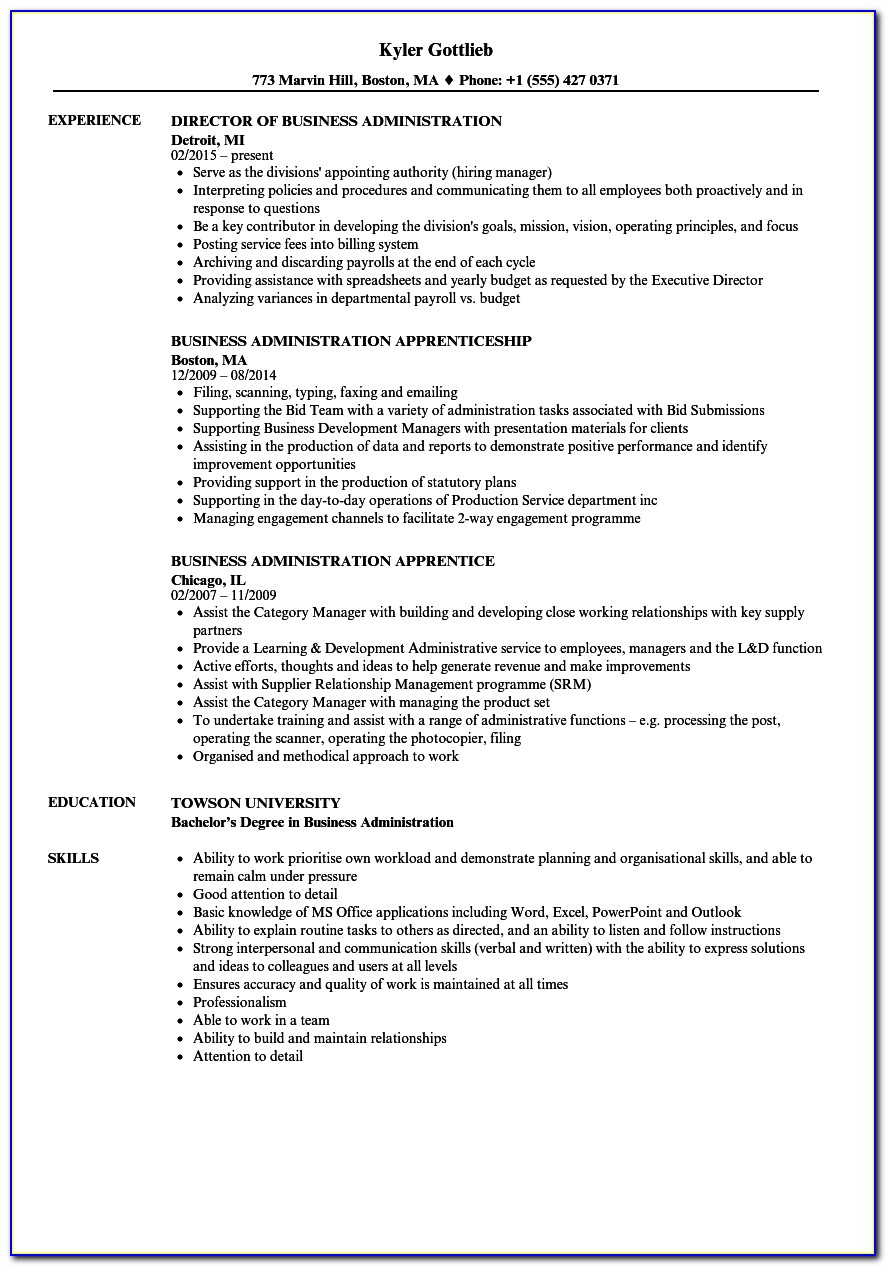 Business Administration Resume Objective Sample