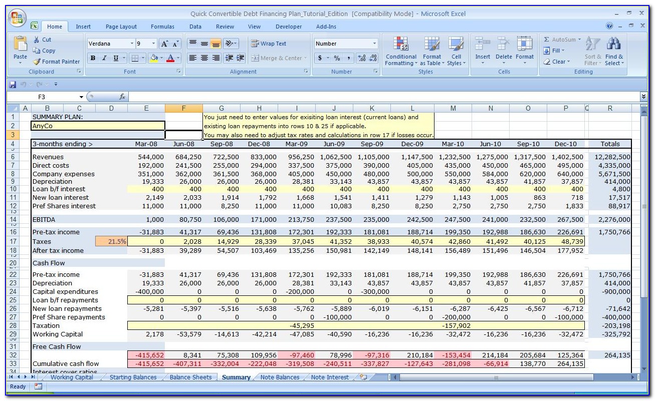 Business Financial Planning Template Excel