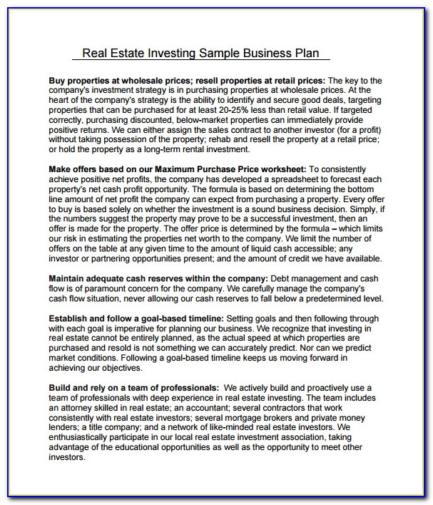 Business Plan Template For Real Estate Investment Company