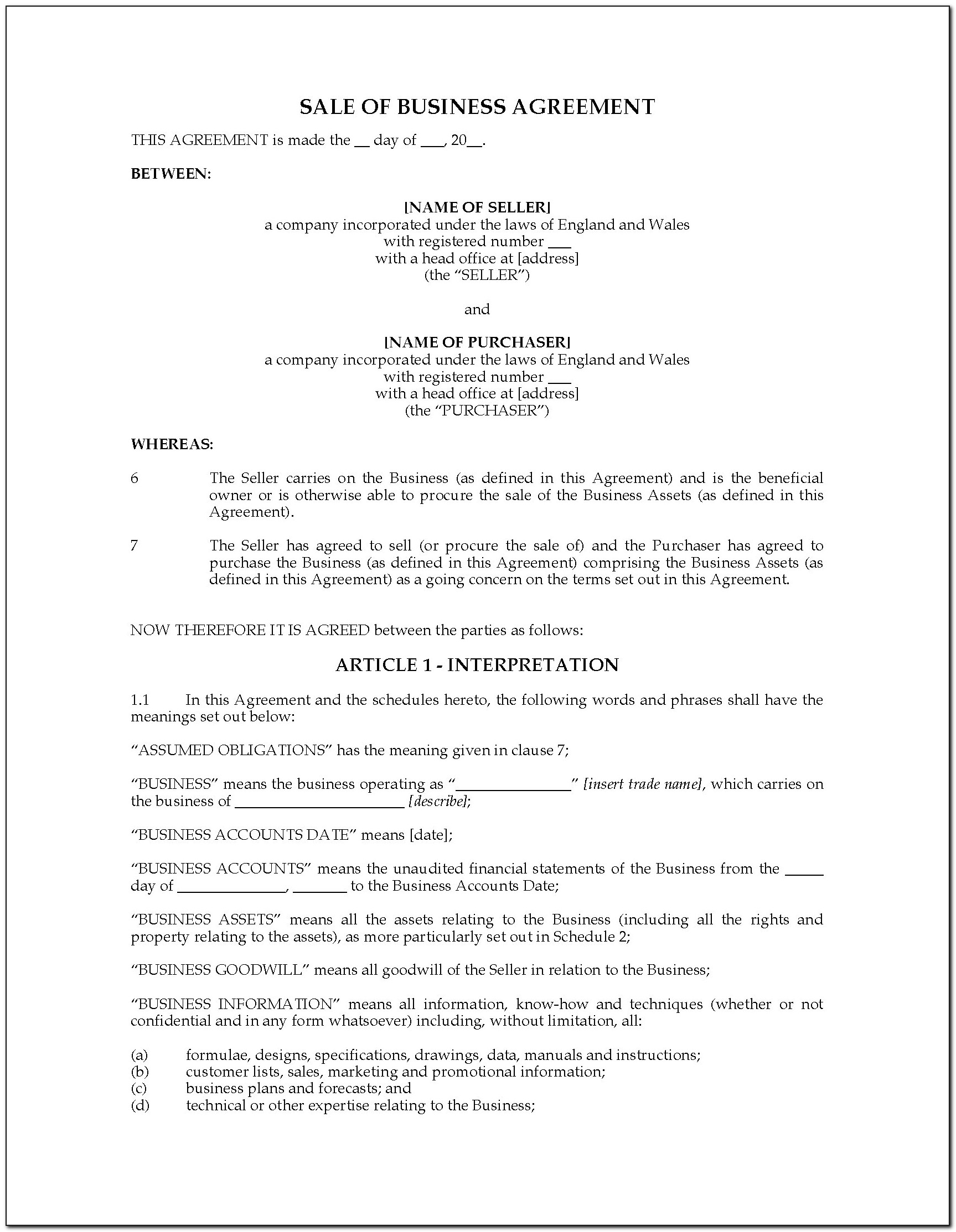 Business Sale Agreement Template Free Download Uk