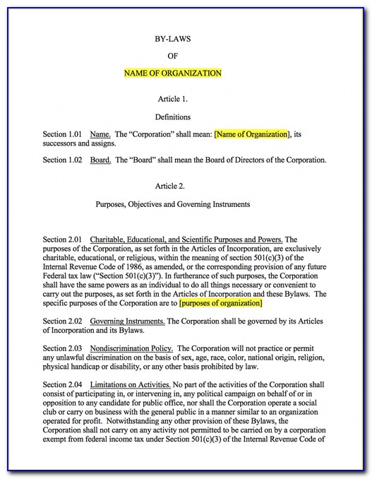 Bylaws For Nonprofit Organizations Template