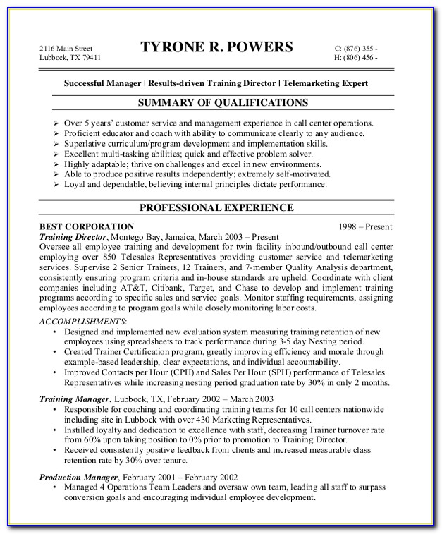 Call Center Agent Sample Resume Without Experience