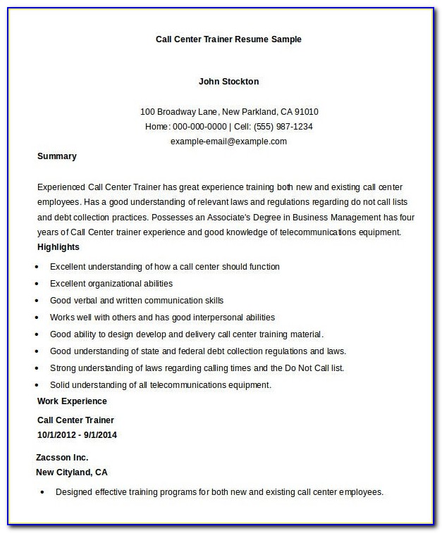 Call Center Resume Format For Freshers Download