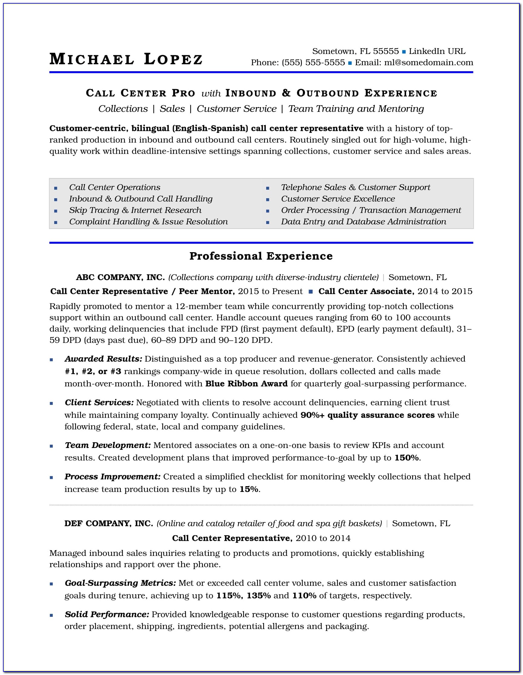 Call Center Resume Format For Freshers